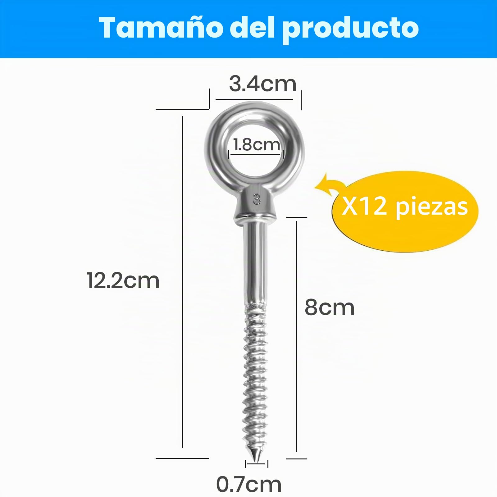 12 uds. pernos de ojo | perno de ojo M8 x 80 mm | perno de ojo de acero inoxidable 304 | perno de ojo M8 | pernos de ojo | Gancho de tornillo M8 con tuerca de anillo puntiaguda