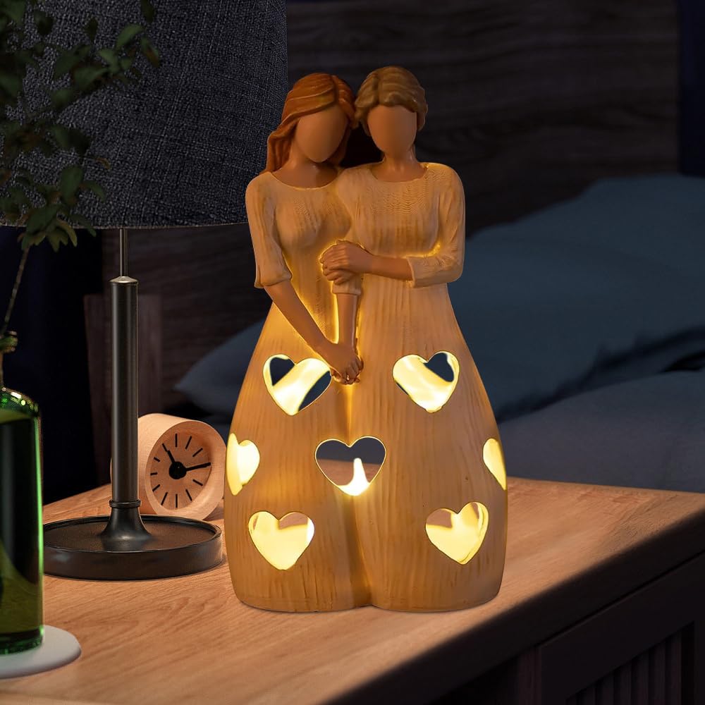 Rnpkz White Mother And Daughter Candle Holder Statue, Mother And Daughter Figurine With Flickering Led Candles, Resin Candle Holder Statue, Gift For Mom From Daughters, For Mom's Birthday (A)