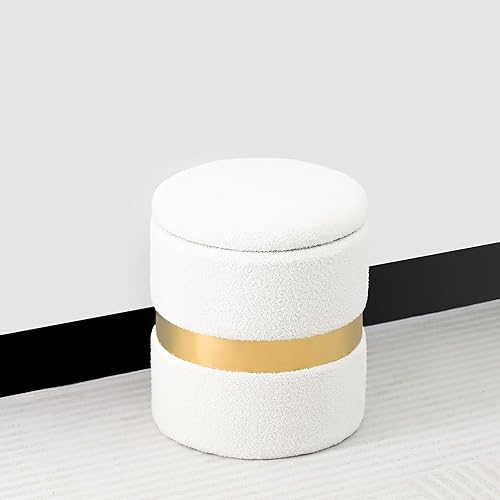 Miniatura 9 de Joveco Juego de 2 otomanas redondas de almacenamiento, reposapiés tapizado, asiento de mesa auxiliar con banda de metal para sala de estar y