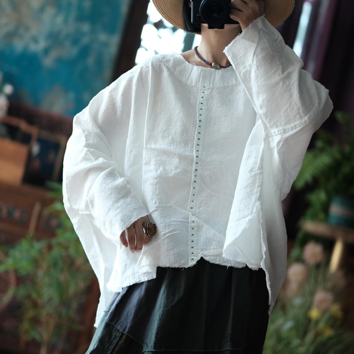 Women's White Linen Blouse Oversized Batwing Long Sleeve Raw Edge Detail Shirt