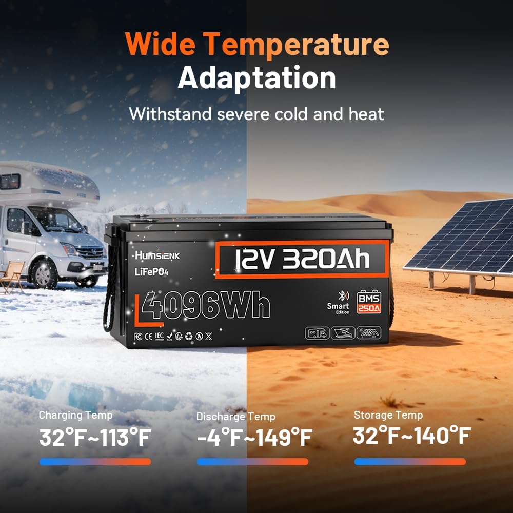 HumsiENK LiFePO4 Batterie 12V 320Ah mit Bluetooth | 4096Wh Lithium Batterie 12V, 250A BMS, über 15.000 Zyklen | 12V LithiumBatterie Wohnmobil & Solar Battery,LiFePO4 320Ah Bluetooth