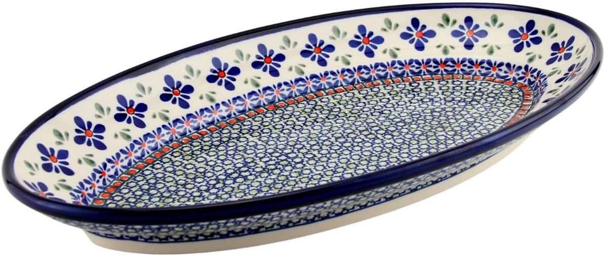 Polish Pottery Market Serving Platter, 14 ¼" L, 8" W, 1.8” D, Handmade by Zaklady Ceramiczne Boleslawiec – Made in Poland - Oval designed with raised edge.