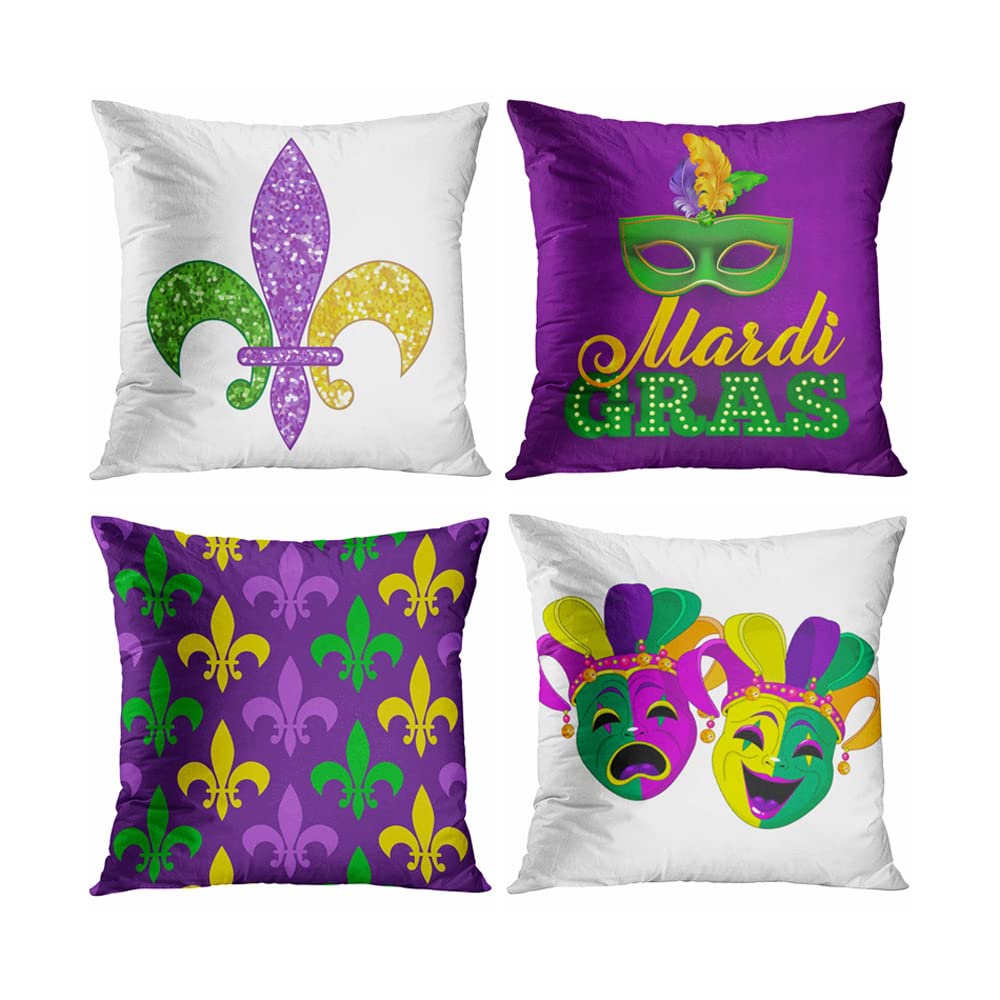 rouihot Set of 4 Throw Pillow Covers Mardi Gras Fleur De Lis 18x18 Inches Home Decor Square Pillowcases Cushion Covers for Bed Sofa Bar Wedding Couch Family