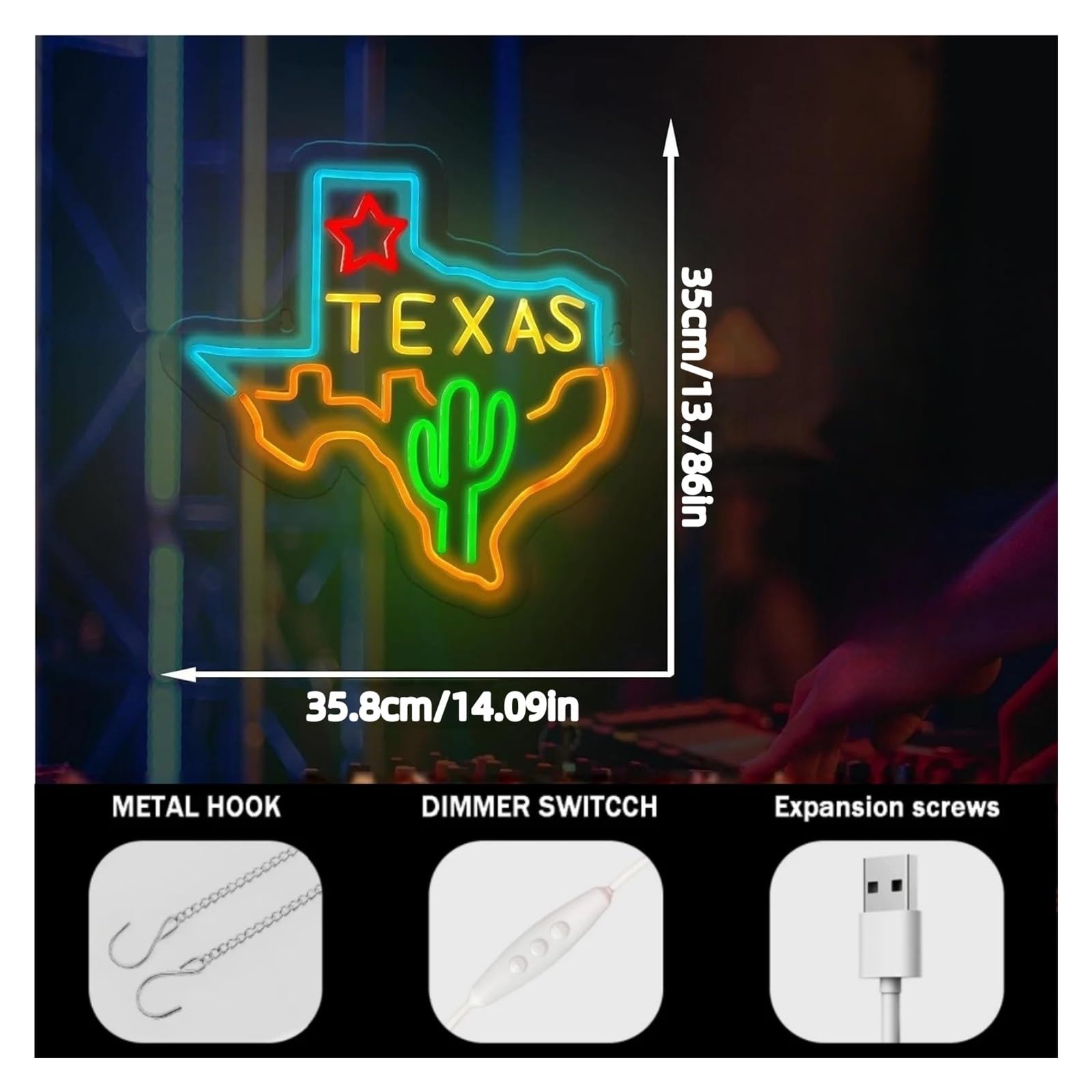 Hängende Kunst Leuchtreklamen Texas Neonschild LED-Licht Dimmbar USB-betrieben Für Bar Club Schlafzimmer Männerhöhle Restaurant Party Geburtstagsdeko 14.09inx13.786in