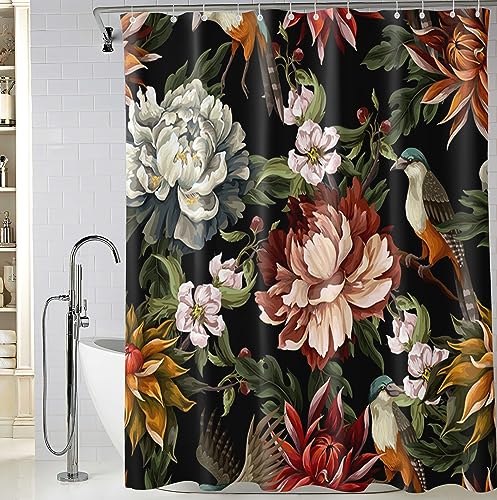 BIVINAR Vintage Peonies Roses and Birds Shower Curtain, Waterproof Fabric Black Floral Bathroom Shower Curtain with 12 Hooks, 72 x 72 Inch