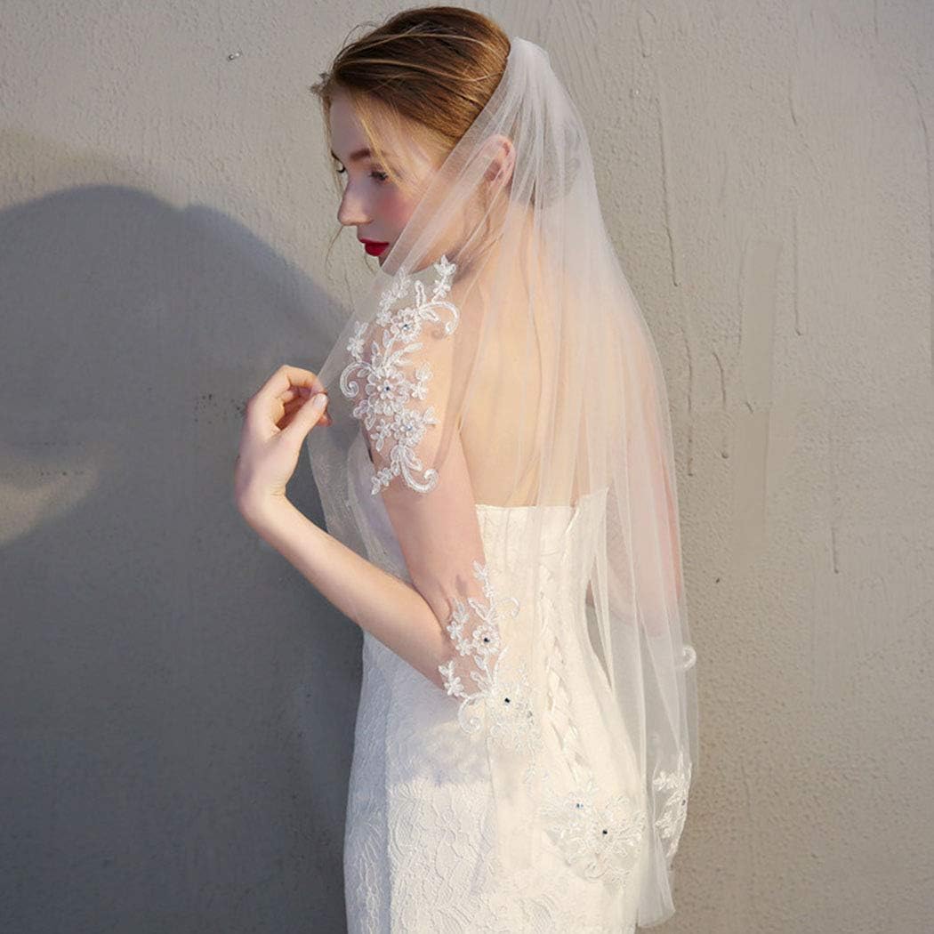 Crystal Bride Wedding Veil Lace Appliqued Bridal Veils 1 Tier Short Hip Length Veil Soft Tulle Hair Accessories for Women and Girls (White)