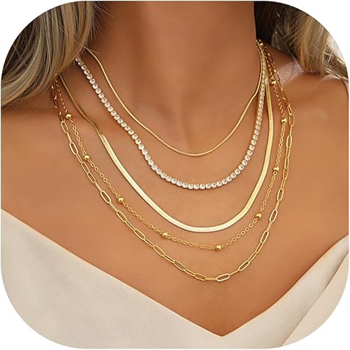 iF YOU Juego de 6 gargantillas de oro para mujer, collar con colgante de circonita cúbica chapado en oro de 14 quilates, collar de cadena de