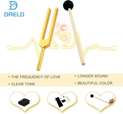 Miniatura 4 de DRELD 528 Hz Tuning Fork, Golden Solfeggio Tuning Forks 528 Hz para instrumento musical, martillo de silicona de meditación, paño de limpieza y bolsa