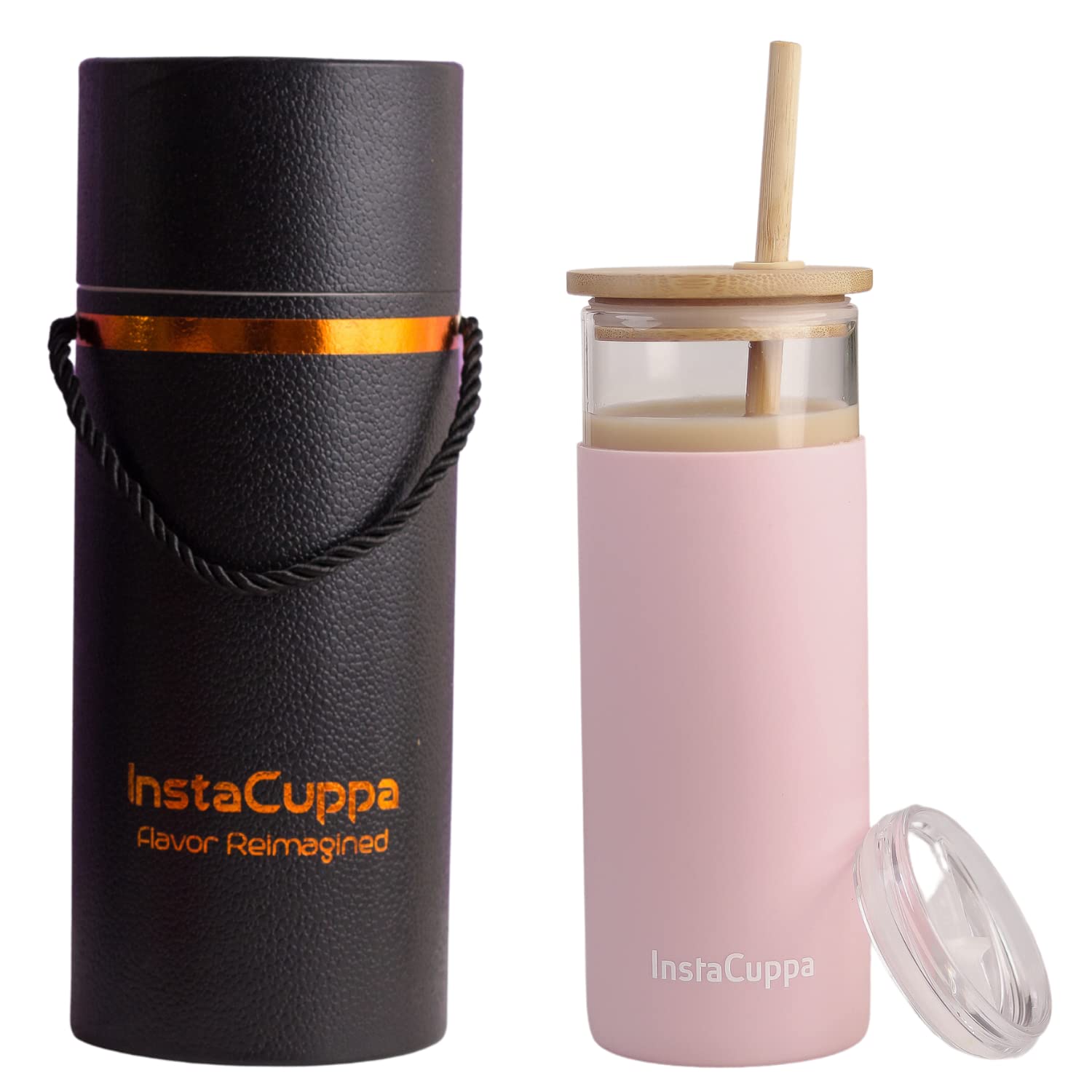 InstaCuppa Borosilicate Glass Tumbler with 2 Lids - Bamboo Lid & Plastic Sipper Lid, Protective Silicone Sleeve, Perfect for On-The-Go Beverages - Iced Tea & Cold Coffee, 450 ML,Pink, Pack of 1 (B09BHW9SF4) Amazon Price History, Amazon Price Tracker