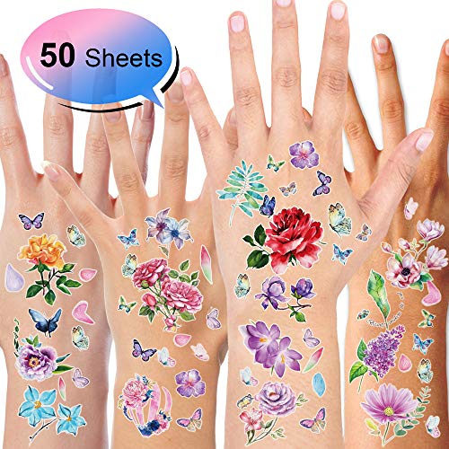 Konsait 50Sheet Flower Temporary Tattoos For Women Teens Girls, Tiny Temporary Tattoo Adult Waterproof Body Art Sticker Hand Neck Wrist, Include Flower Butterfly Leaf Lotus Cherry Blossoms Tattoo #TOP5