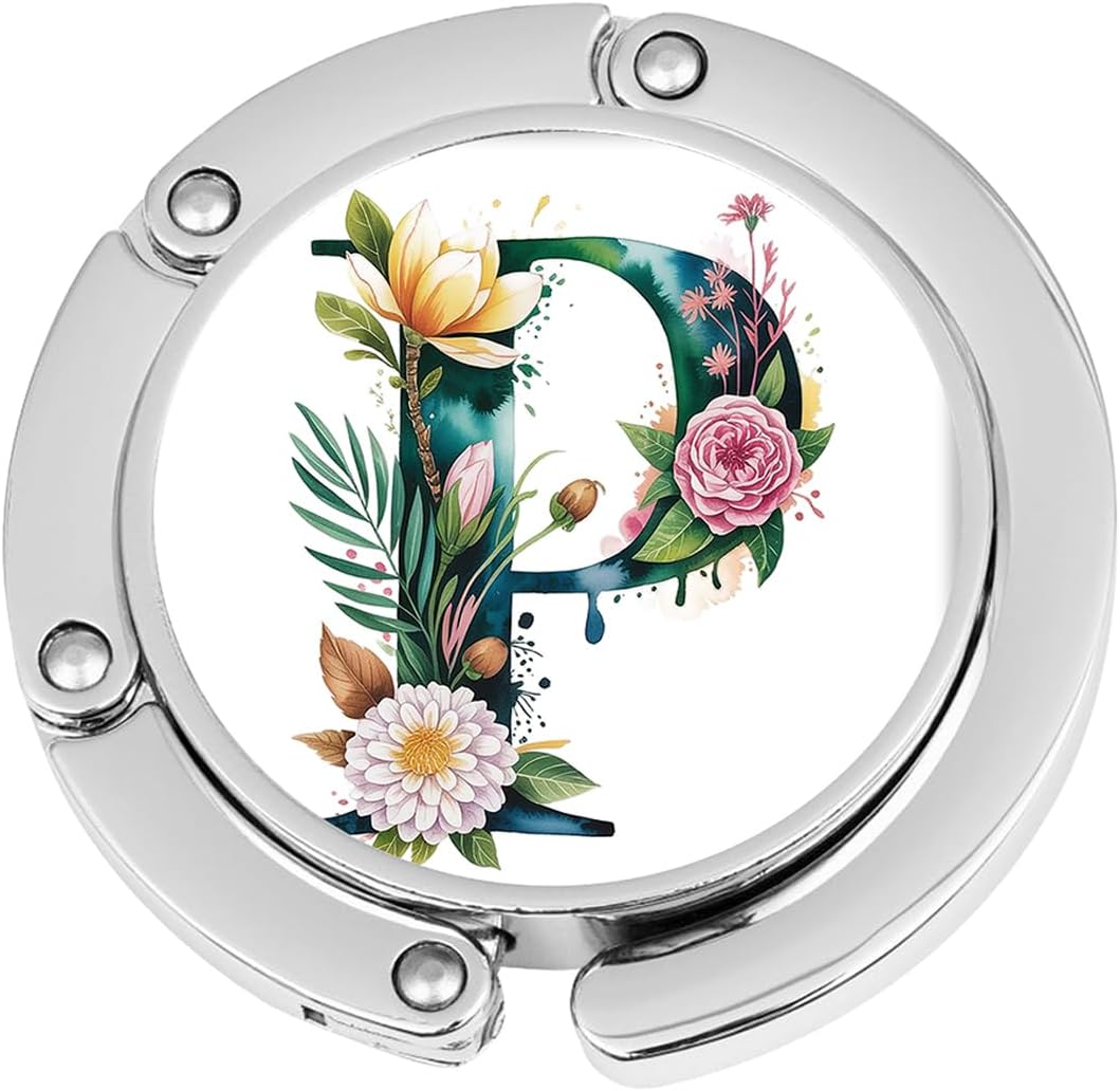 Foldable Purse Hook for Table, Purse Hanger for Table, Purse Holder, Foldable Purse Hook Womens Bag, Women's Bag Hanger Holder, Pretty Pattern Flower Spring Letter P, 1pcs