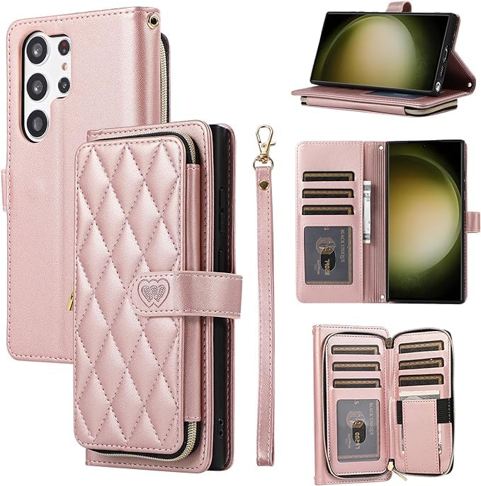 YYTVN Wallet Case for Samsung Galaxy S24 Ultra 6.8 inch with Zipper Card Holder & Shoulder Strap & Wrist Strap, Crossbody Purse Handbag Stylish