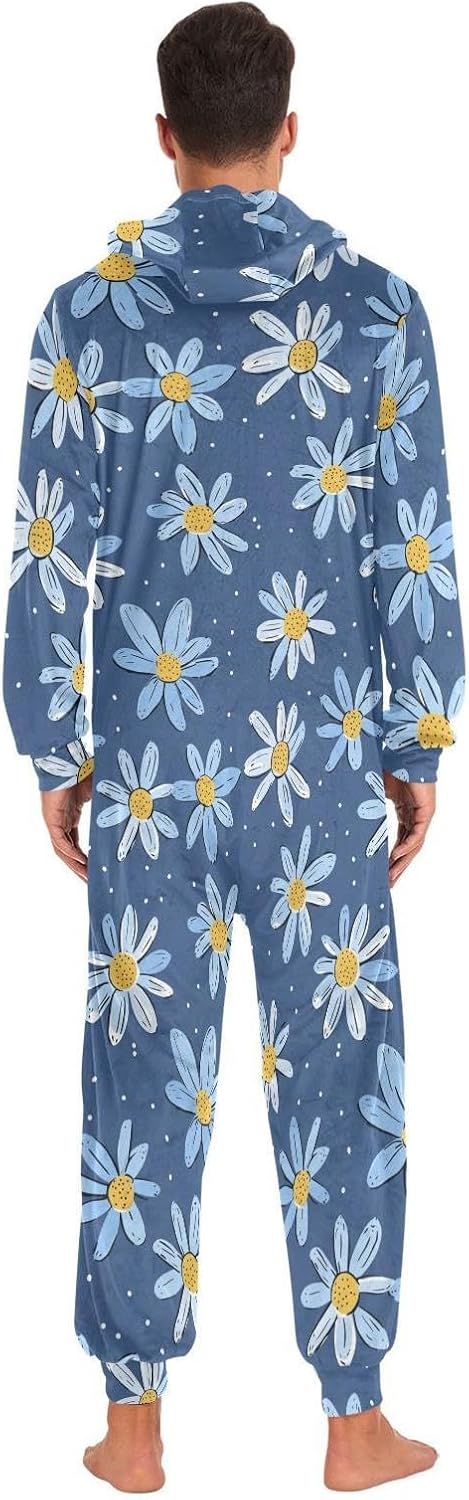 ZZKKO Blue Flowers Hand-drawn Style Adult Onesie Pajamas for Women Men Cozy One Piece Pajamas Costume Zip-Up Hooded S-XL