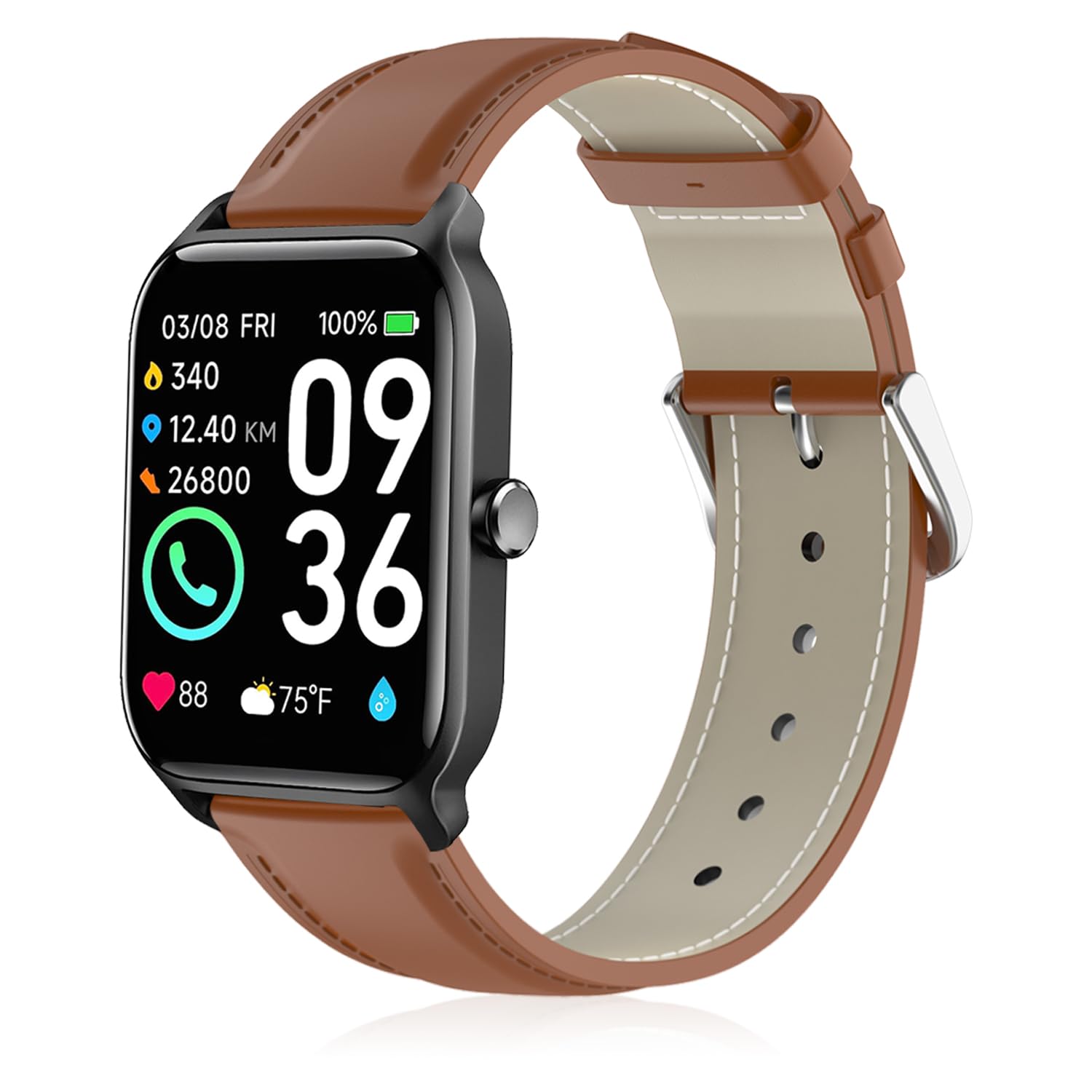 Genuine Leather Watch Band Compatible with Woneligo/Fitpolo Smart Watch IDW13,Soft Leather Replacement Wristband for FITVII H56/ID208Plus/Gydom/ENOMIR/Amzhero/TOOBUR/MILOUZ/Tensky IDW19 Watch