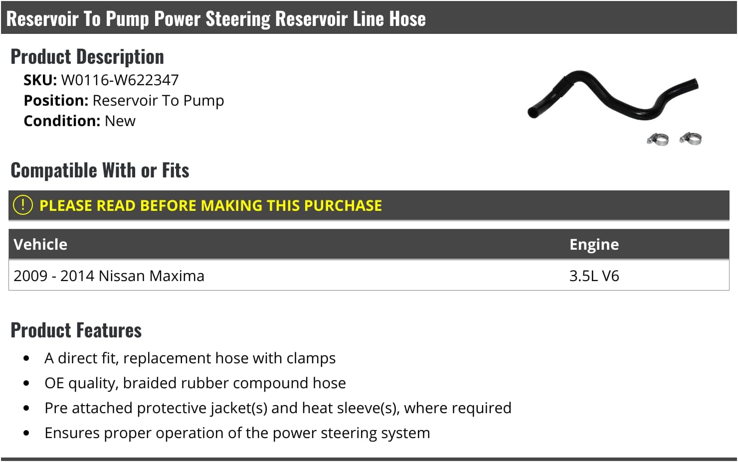 Marketplace Auto Parts Power Steering Reservoir Line Hose Assembly - Reservoir to Pump - Compatible with 2009-2014 Nissan Maxima 3.5L V6