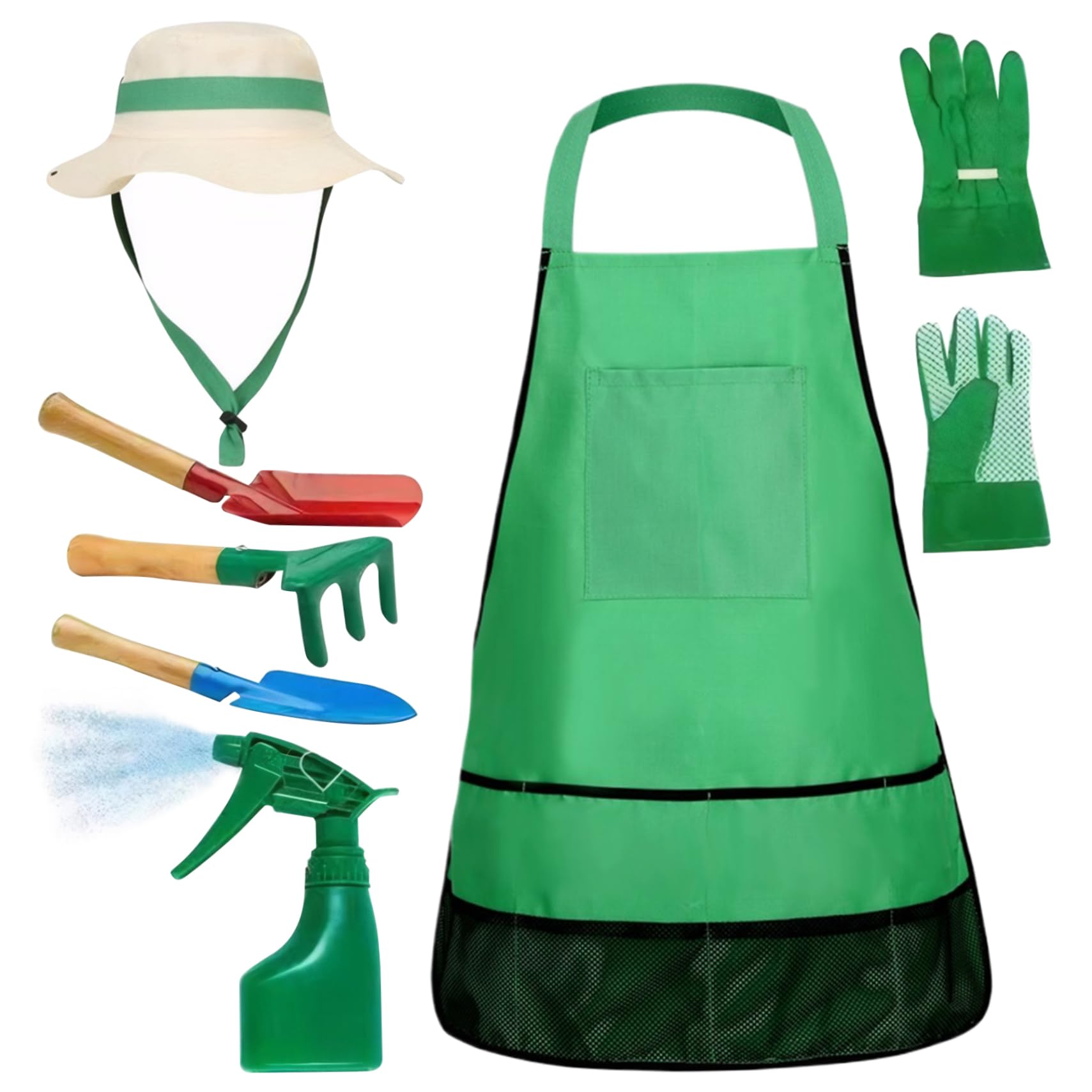 Set De Jardinería Para Niños 7 Piezas – Delantal, Pulverizador, Guantes, Sombrero, Rastrillo Y Palas – Aprende Y Juega Al Aire Libre