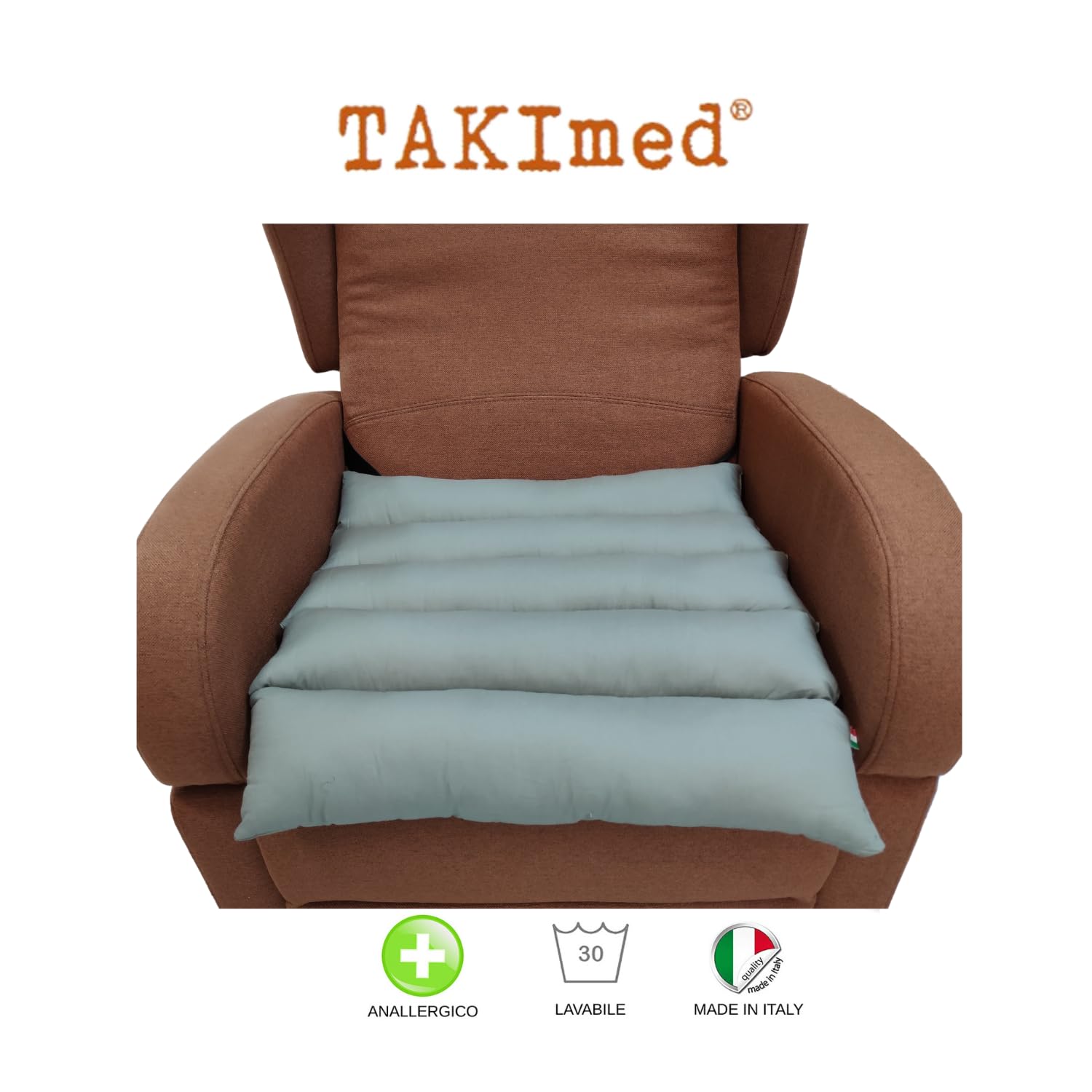 TAKIMED Cojín Ortopédico Antiescaras de Cinco Secciones con Fibra Hueca Siliconada, para Sillón, Hecho a Mano, Fabricado en Italia, Color Gris