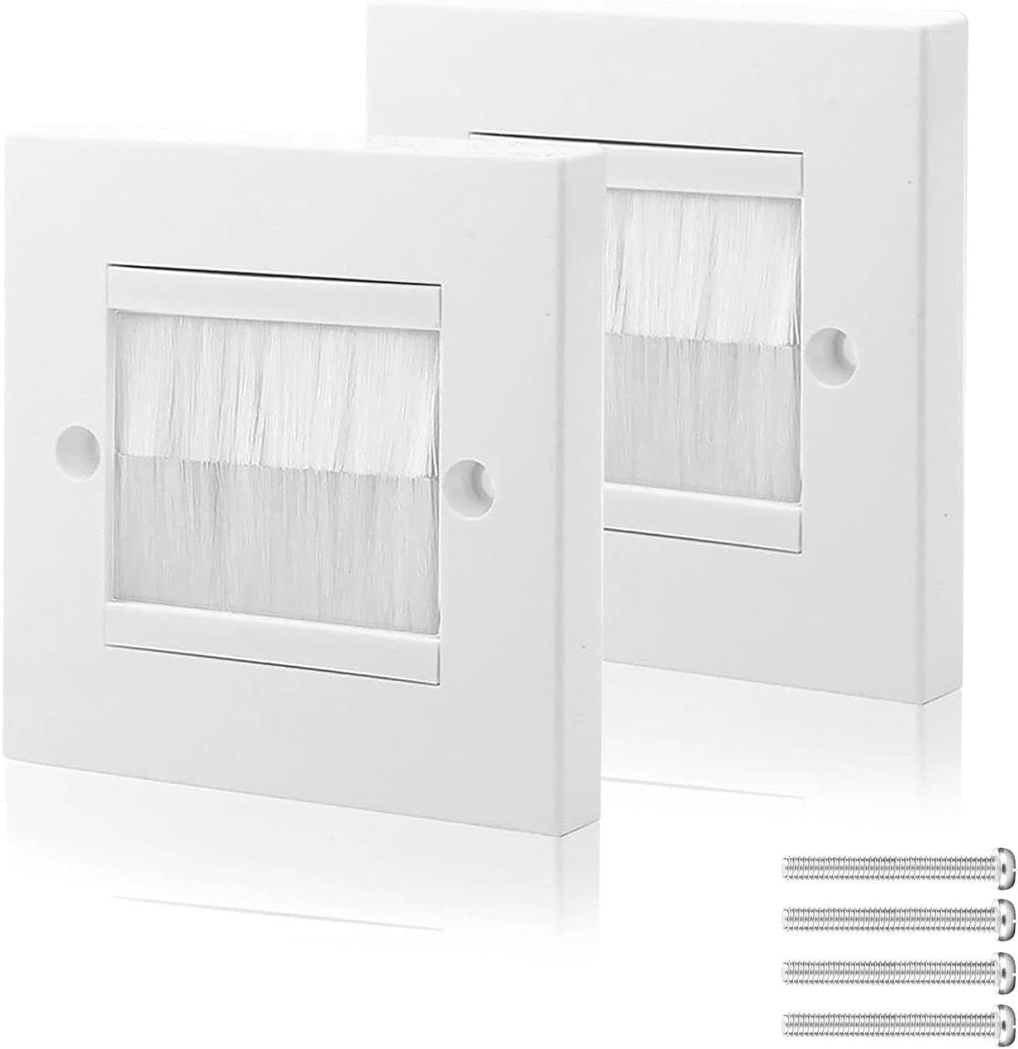 2 Pack Brush Wall Plates with White Brushes – Wall-Mounted Cable Brush Plates for Covering Outlets & Tidying Cords – Easy Cable Management Solution