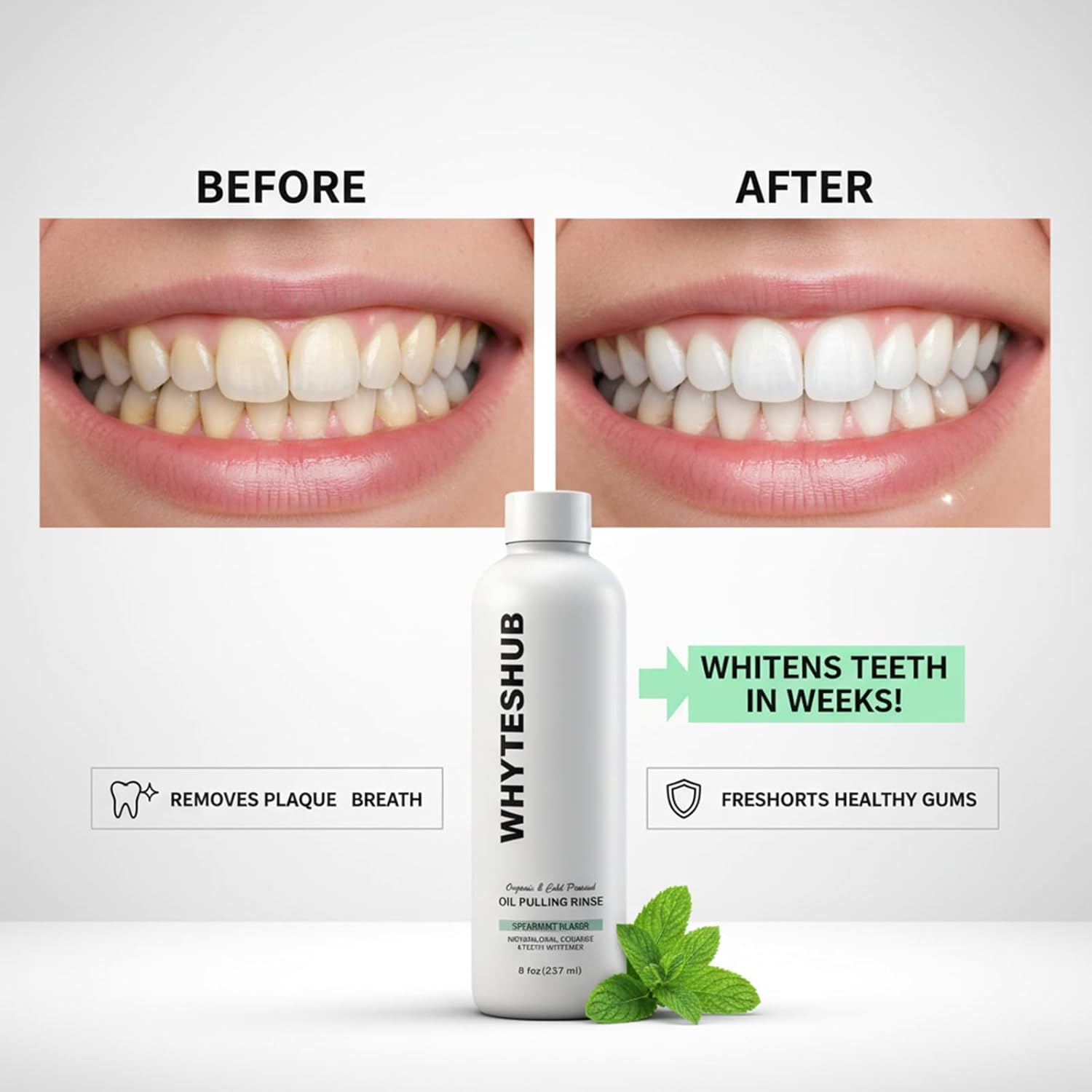 White Spearmint Oil Pulling Rinse, Cold-Pressed Coconut Mouthwash for Teeth Whitening, Powerful Organic Peppermint Oil Maintain Gum Health & Freshness Breath - Image 5