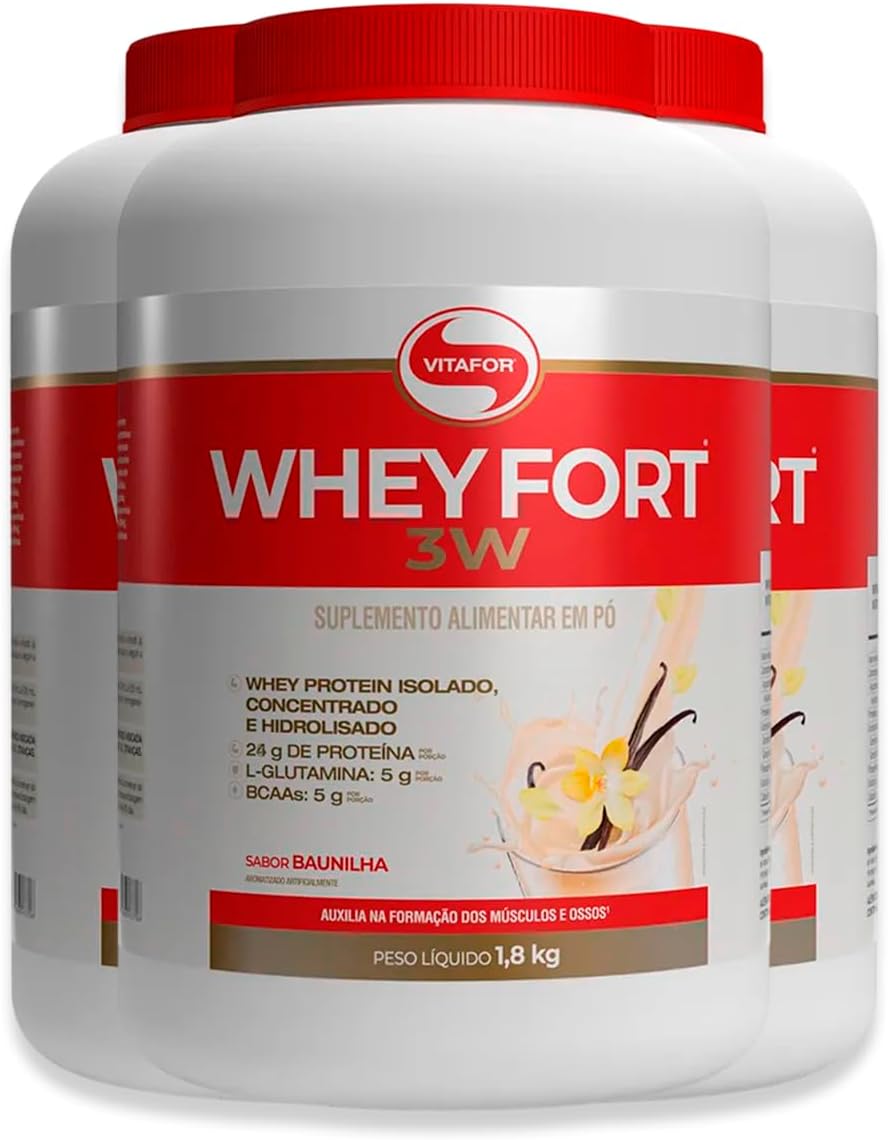 Kit 3 Whey Fort 3W Vitafor Baunilha 1800g