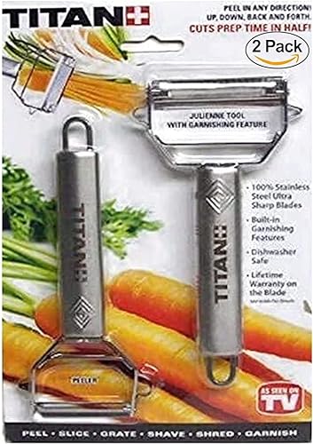 Titan Peeler Cortador de verduras de hoja de acero inoxidable con función de adorno, cortador triturador para cocina y hogar, paquete de 2 unidades,