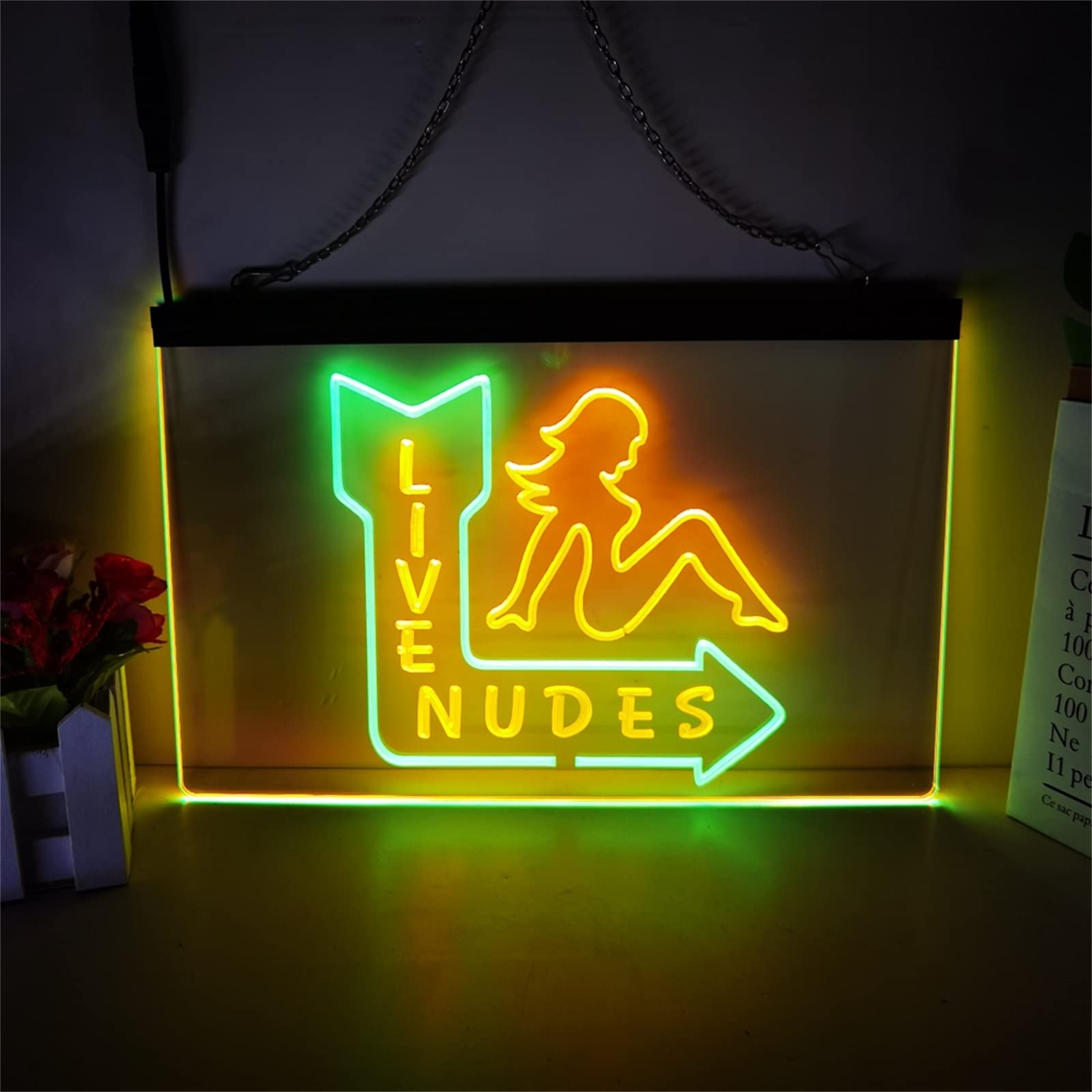 REWIS Sexy Girl Live Nudes LED Neon Sign, Custom USB Powered Dual Color 3D Engraved Neon Lights with Dimmer, for Bar Beer Party Wall Hanging Dimmable Decorative,Green Yellow,30x20cm