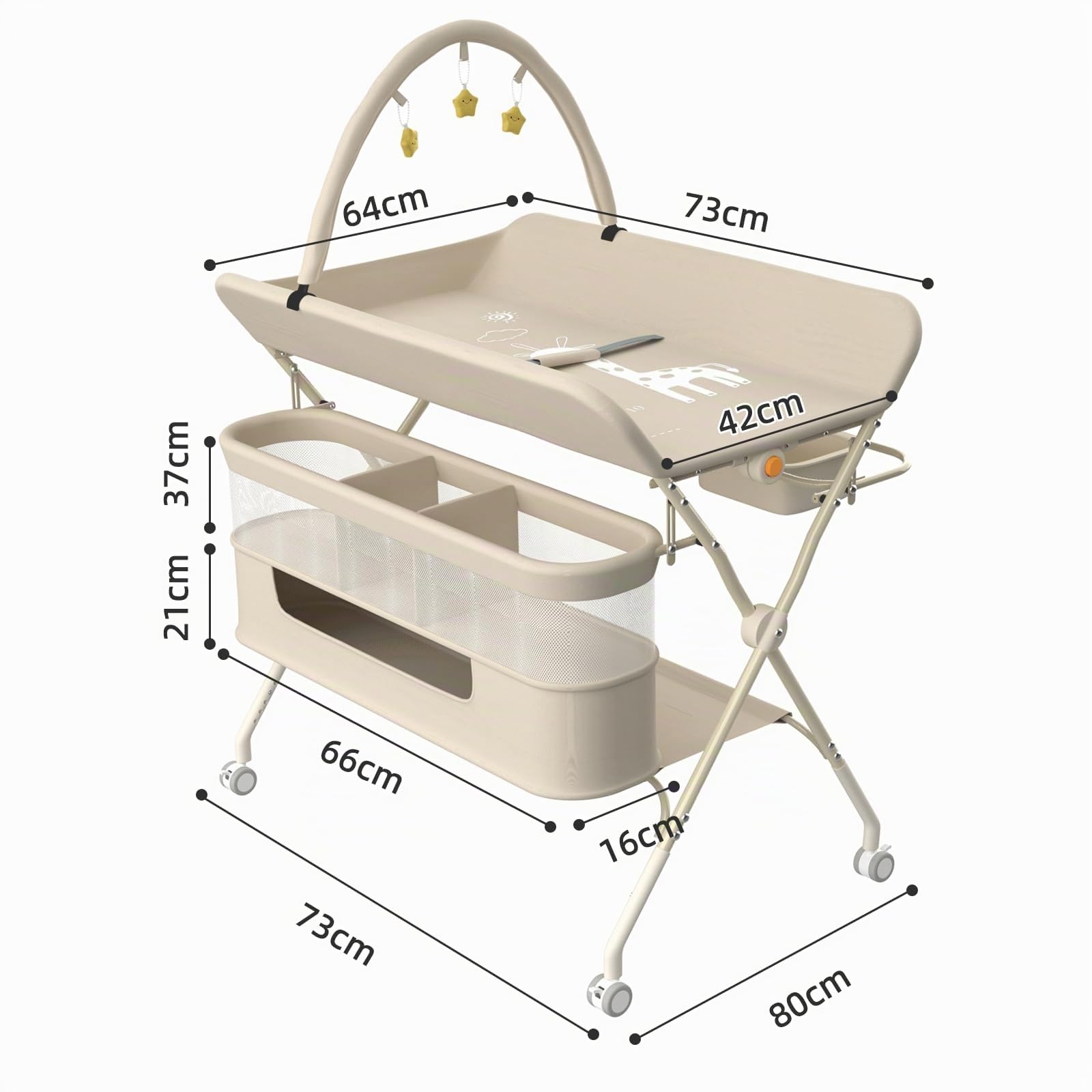 OHMG Table à Langer,Pliable,83-91cm,5 Réglable en Hauteur,Organiseur de Couches,roulettes 360° avec Frein,Harnais et Barrière de Sécurité,Rangement Panier Latéral et Tringle de Suspension,3 Jouets