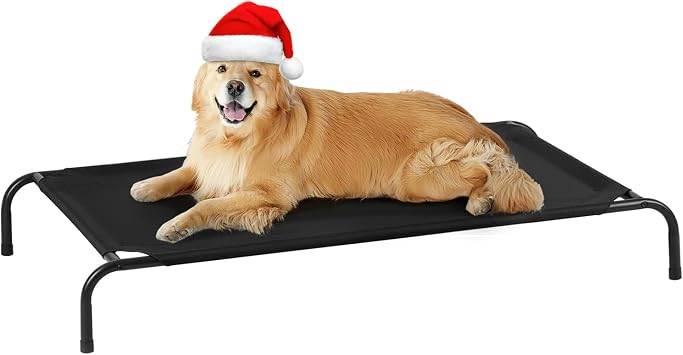 Outdoor Elevated Dog Bed, Cooling Breathable Raised Dogs Cot Beds for Large Dogs, Outside Portable Pet Hammock, Black Metal Frame, Skid-Resistant Feet, Easy Clean, Indoor Outdoor Use,51.131.57.4 in