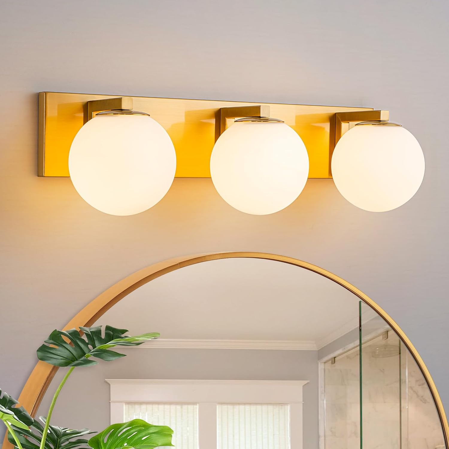 Lingkai Brushed Gold Vanity Light, 3-Light Bathroom Lighting Fixtures Above Mirror with Milky White Glass Globe Shades, Mid-Century Modern Vanity Lighting Fixtures Wall Sconce 22 Inch, E12 Socket