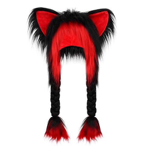hbbhml Fursuit Cat Ears Headwear Plush Fur Hat for Halloween Cosplay Costume Party Head Accessories - Blackred