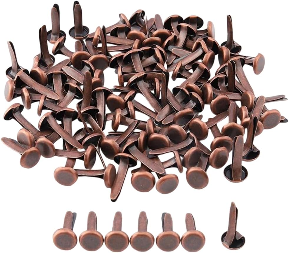 2 Bags 100Pcs Iron Fasteners Brads Picture Hanging Hardware for Scrapbooking Photo Album Embellishment Wedding Supplies Decoration Paper Cards Crafts Flat Round Red Copper 1.6x0.8cm