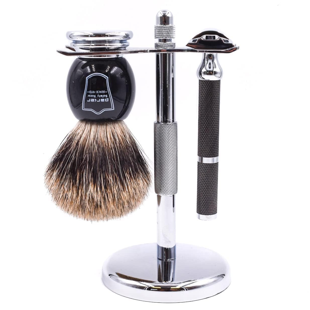Parker zestaw do golenia 71R Deluxe Pędzel z czystą szybkością, chromowany uchwyt, maszynka do golenia Parker Double Edge i 5 wkładów do żyletek Parker Premium Double Edge
