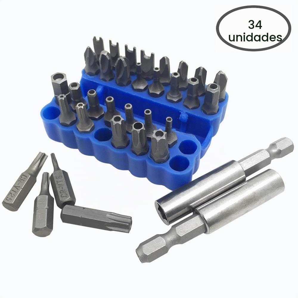 FineGood Juego de 34 puntas de destornillador con soporte magnético para puntas de extensión, llave dinamométrica SAE de seguridad antimanipulación métrica