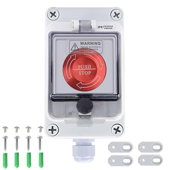 Emergency Stop Button with Box 10 Amp 22mm Latching Push Button Switch, Aluminum Alloy Round Emergency Stop Switch, IP65 Waterproof E Stop Emergency Shut Off Switch, 1NO 1NC 440V 32A Box