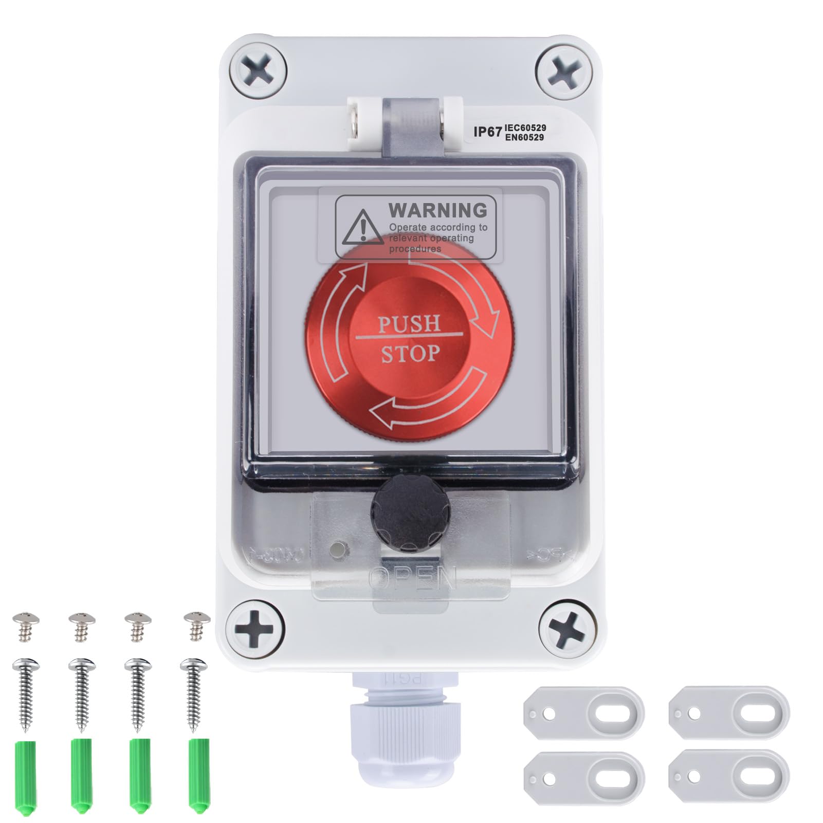 Emergency Stop Button with Box 10 Amp 22mm Latching Push Button Switch, Aluminum Alloy Round Emergency Stop Switch, IP65 Waterproof E Stop Emergency