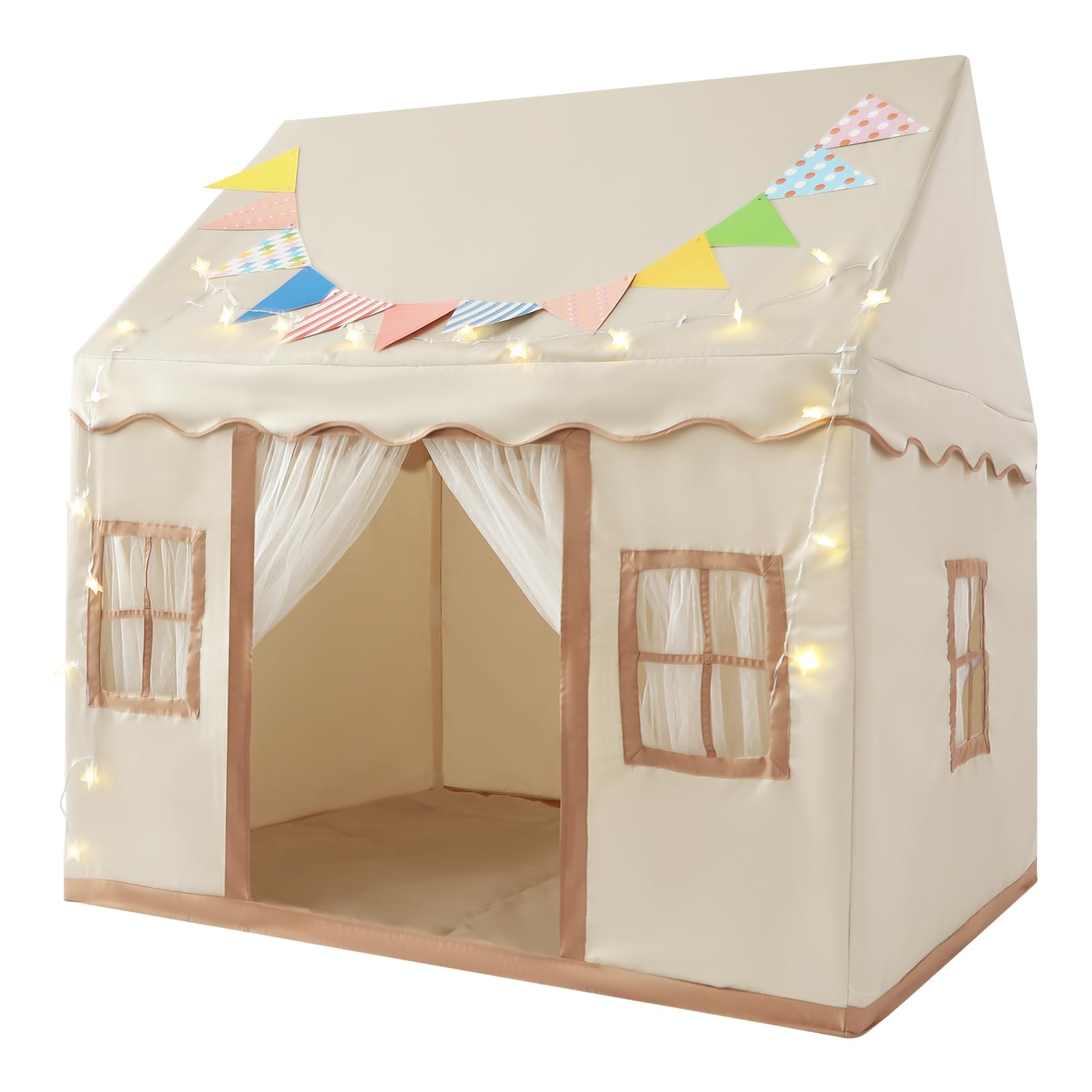Tenda da gioco, 120 x 100 x 130 cm, colore kaki con tappeto ghirlanda LED 3 m, capanna Pop-up asilo pieghevole per ragazza ragazzo 1-6 anni, tenda interna esterna zanzariera regalo