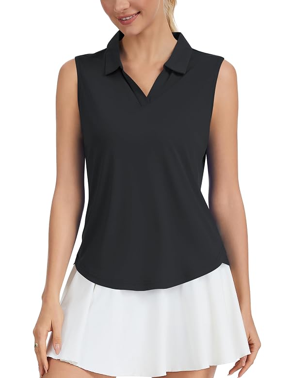 Idtswch Women's Sleeveless Golf Polo Shirts V-Neck Collared UPF 50+ Quick Dry Lightweight Workout Athletic Tennis Tops Black by Idtswch - Used condition - US$11.93