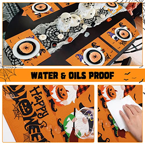 Halloween Placemats Set Of 6, 12 X 18 Inch With Halloween Table Mats For Dining Table, Witch Gnome Pumpkin Jack-O-Lanterns Orange Table Decorations Washable Linen Heat Resistant Place Mat For Kitchen #TOP2
