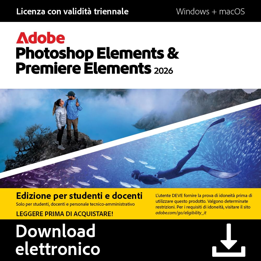 Adobe Photoshop Elements 2026 & Premiere Elements 2026 |Student & Teacher Edition | Licenza triennale |PC/Mac|Download Digitale