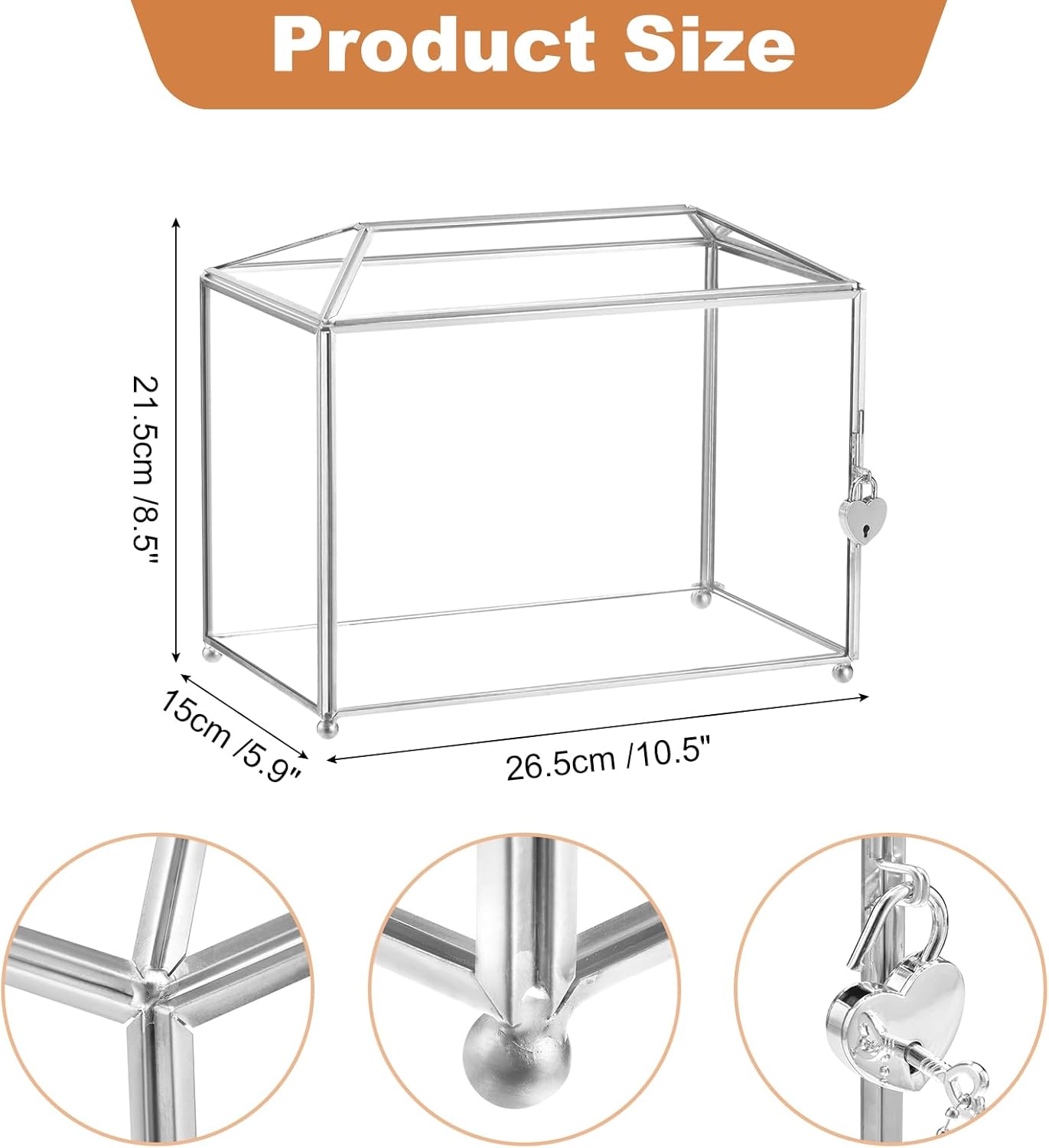 uxcell Glass Card Box Wedding Card Box with Lock for Wedding Reception, 10.5x5.9x8.5 Inches Envelope Card Holder for Reception, Graduation, Silver