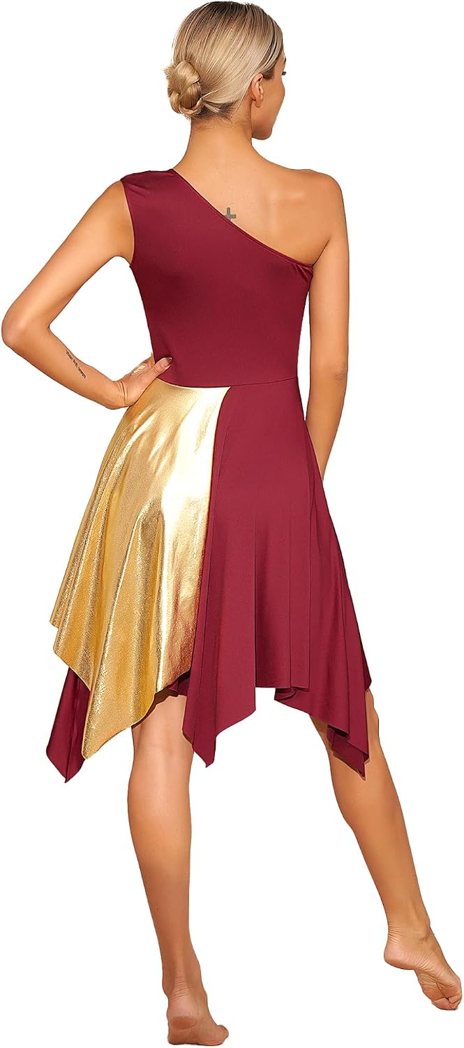 Women's Metallic Color Block Praise Lyrical Dance Dress Sleeveless Liturgical Worship Tunic Irregular Hem Dancewear