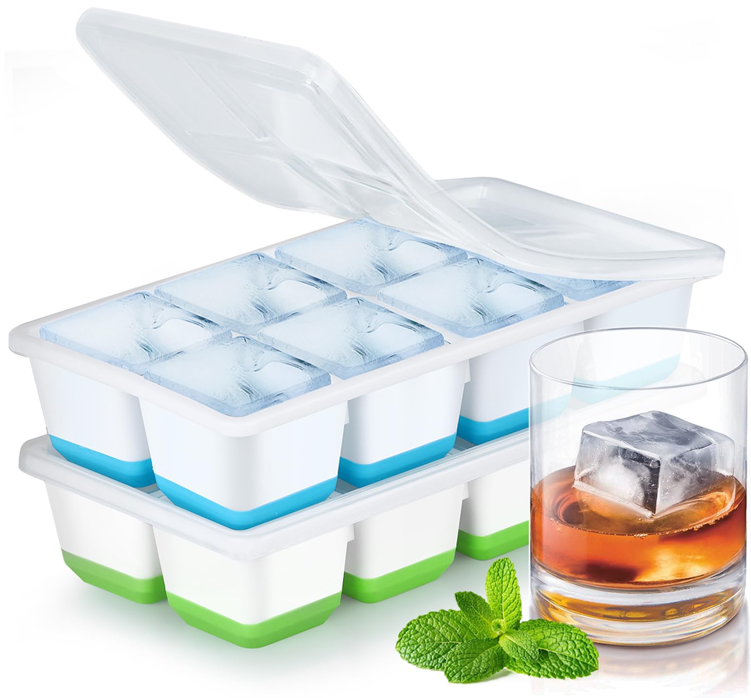 JRISBO Large Ice Cube Moulds, 4.5cm Square Ice Cube Trays with Lids, Set of 2 Big Silicone Ice Cube Tray Food Grade & BPA Free & Easy-Release for Freezer Cocktail Whiskey Drinks