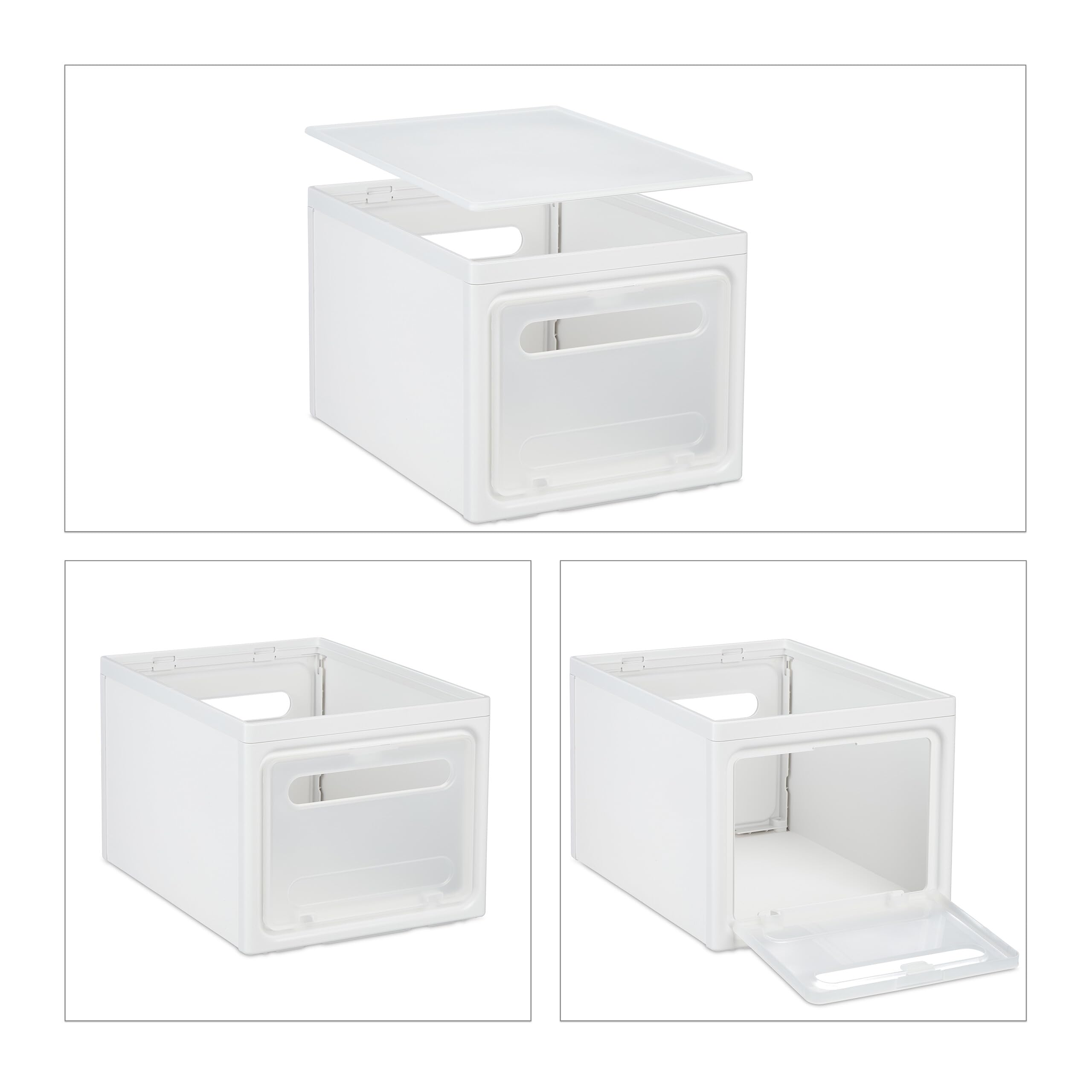 Relaxdays Cajas de Almacenaje Apilables en Set de 4, Cestas de Plástico, 31L, con Tapa y Puerta Semitransparente, Blanco