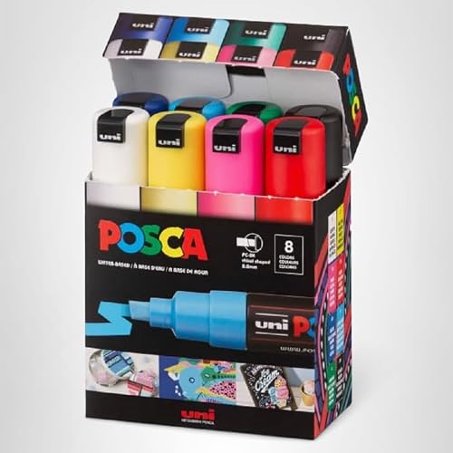Authentic Posca Marker Set, 8 Professional Grade Posca Markers with 8K Broad Chisel Tips