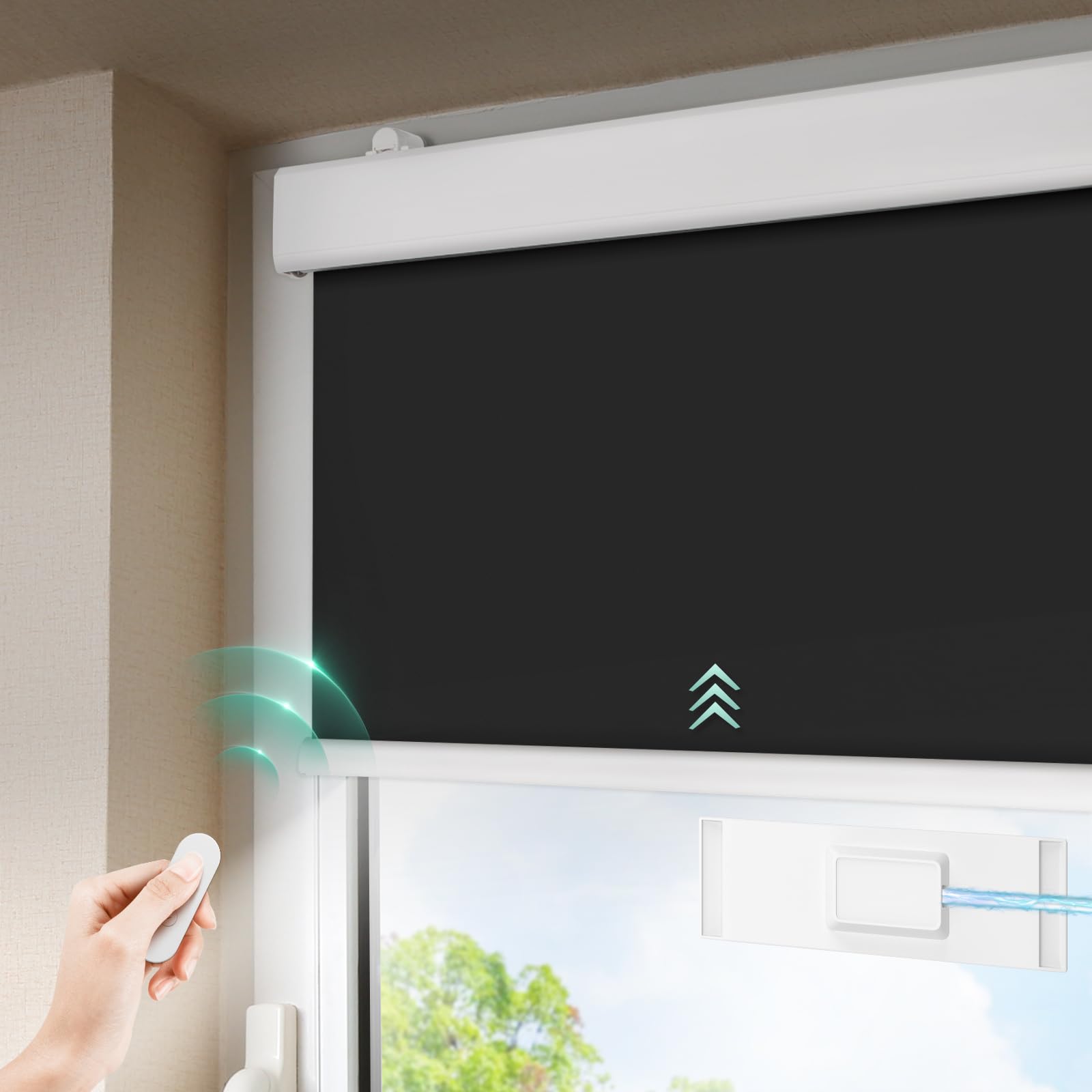 DENFOON Solar Elektrische Rollos Innen,Thermorollo Klemmfix ohne Bohren & mit Bohren,Verdunklungsrollo mit Fernbedienung Wiederaufladbar Akku Rohrmotor Rollo für Fenster Schwarz,90x170cm(B x L)