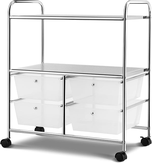 GiantexUK Storage Trolley with 4 Drawers, 3 Tier Rolling Cart with Lockable Wheels, Utility Storage Organizer for Bathroom, Kitchen, Living Room, Balcony and Entryway (Transparent)