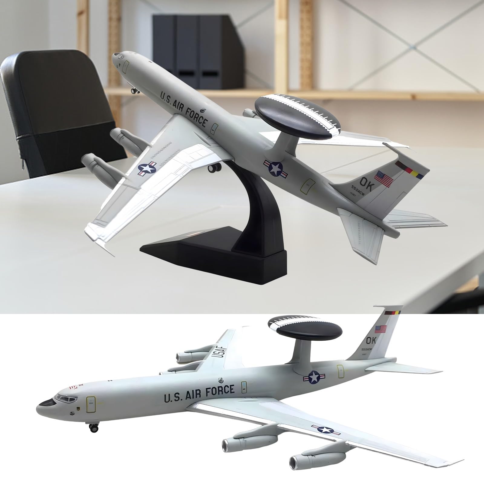 Modello aereo militare E-3 in lega pressofusa in scala 1:200 - Espositore da collezione di alta qualità for appassionati aviazione, regalo perfetto for decorazioni casa/ufficio