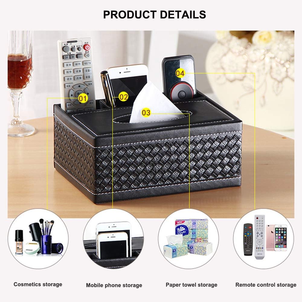 Teapoy Remote Controller Organizer & Tissue Box, PU Leather Multifunctional Desk Table Pen / Pencil / Phone Storage Container for Home Office