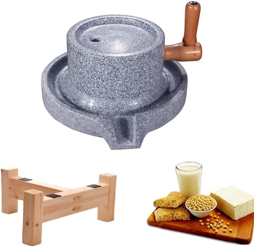 Handmade Stone Mill – Hand Mill Grain Grinder with Wooden Frame for Grain, Bean, Barley, and Spices(Upper Diameter: 7.8IN, Lower Diameter: 11.8IN, White)