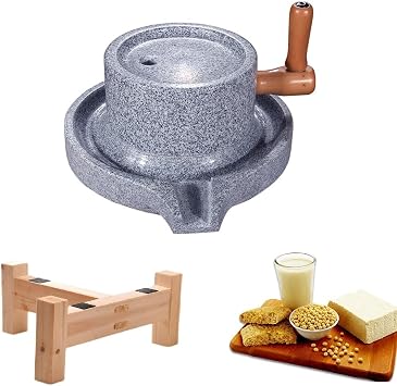Handmade Stone Mill Hand Mill Grain Grinder with Wooden Frame for Grain, Bean, Barley, and SpicesUpper Diameter 7.8IN, Lower Diameter 11.8IN, White